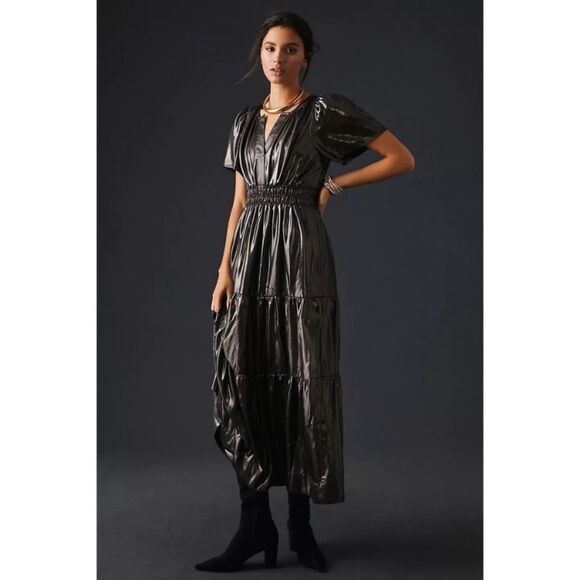 ANTHROPOLOGY Dress Somerset Maxi Shine Edition Metallic Black Size S - Picture 5 of 14